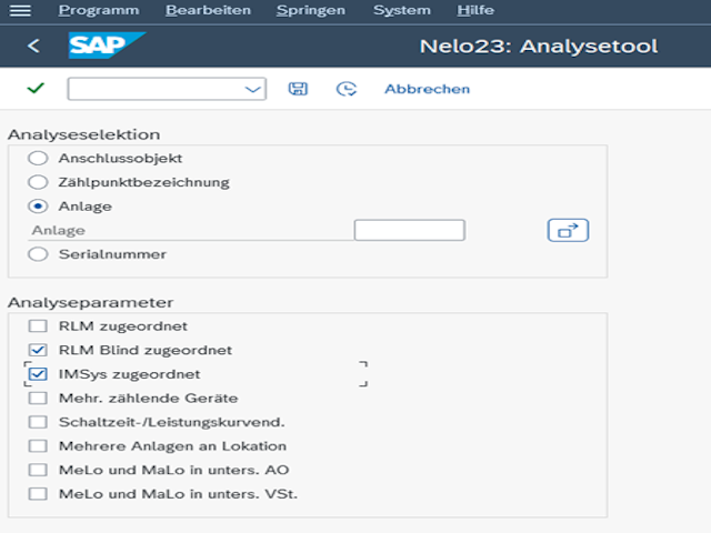 NeLo Analysetool Parameterauswahl Übersicht